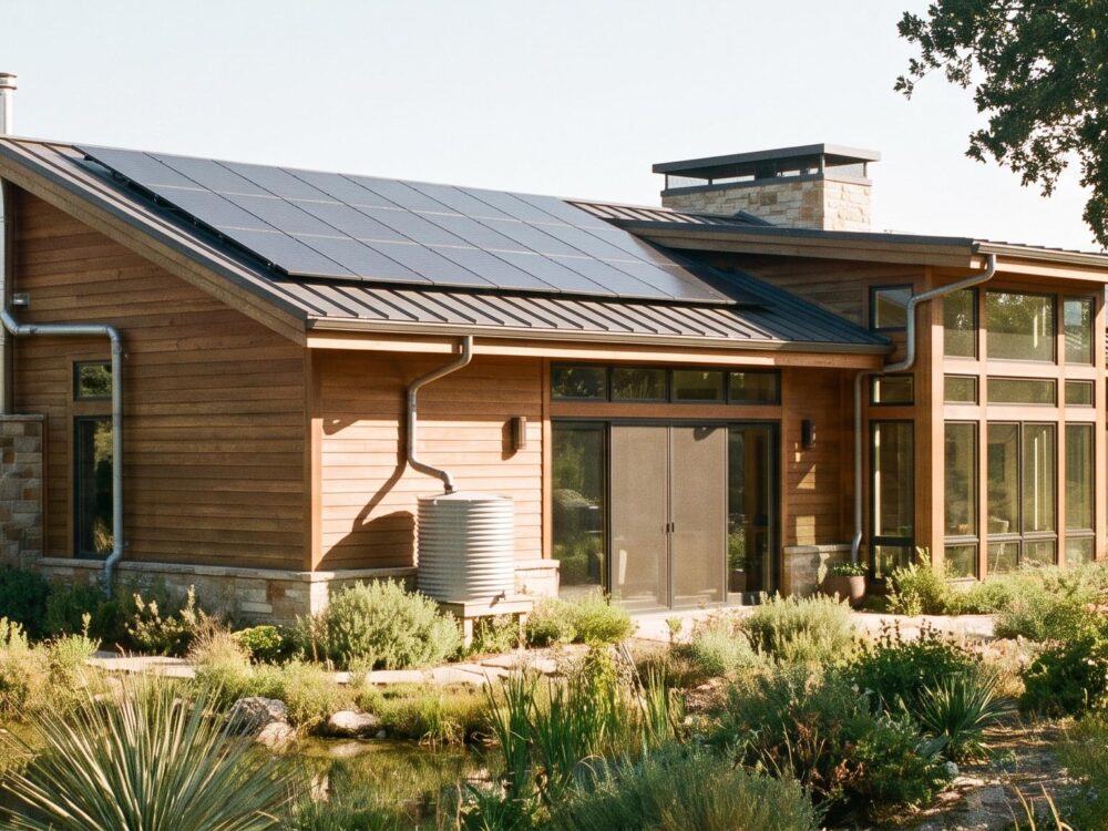 Maison autonome moderne avec panneaux solaires et récupération d'eau de pluie