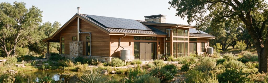 Maison autonome moderne avec panneaux solaires et récupération d'eau de pluie