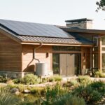Maison autonome moderne avec panneaux solaires et récupération d'eau de pluie