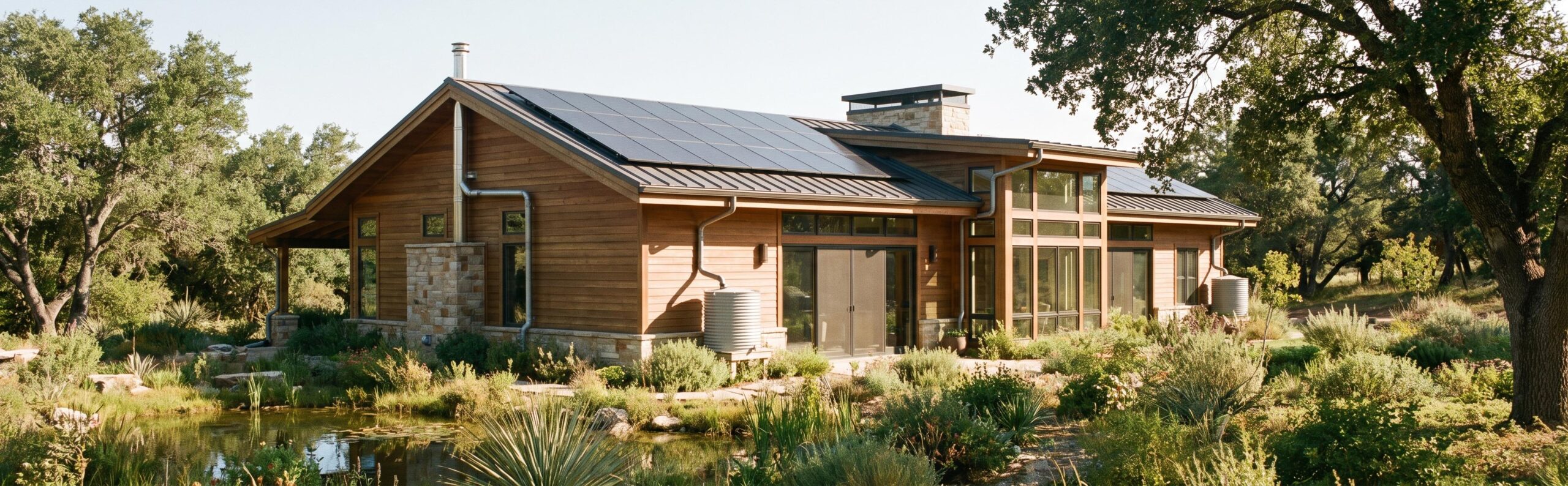 Maison autonome moderne avec panneaux solaires et récupération d'eau de pluie