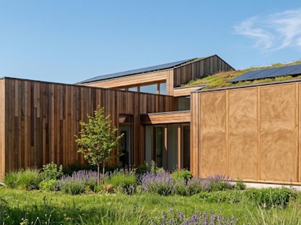 Maison écologique moderne combinant bois, paille et terre crue pour une isolation et une performance thermique optimales