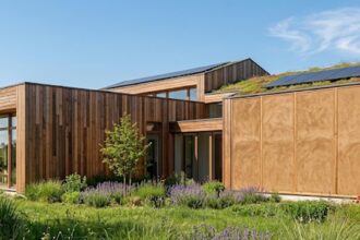 Maison écologique moderne combinant bois, paille et terre crue pour une isolation et une performance thermique optimales