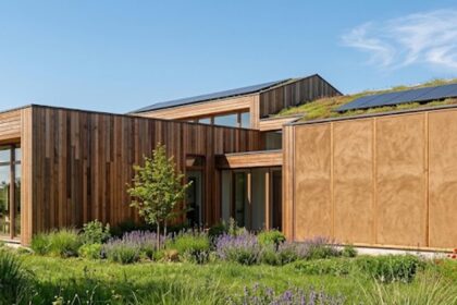 Maison écologique moderne combinant bois, paille et terre crue pour une isolation et une performance thermique optimales