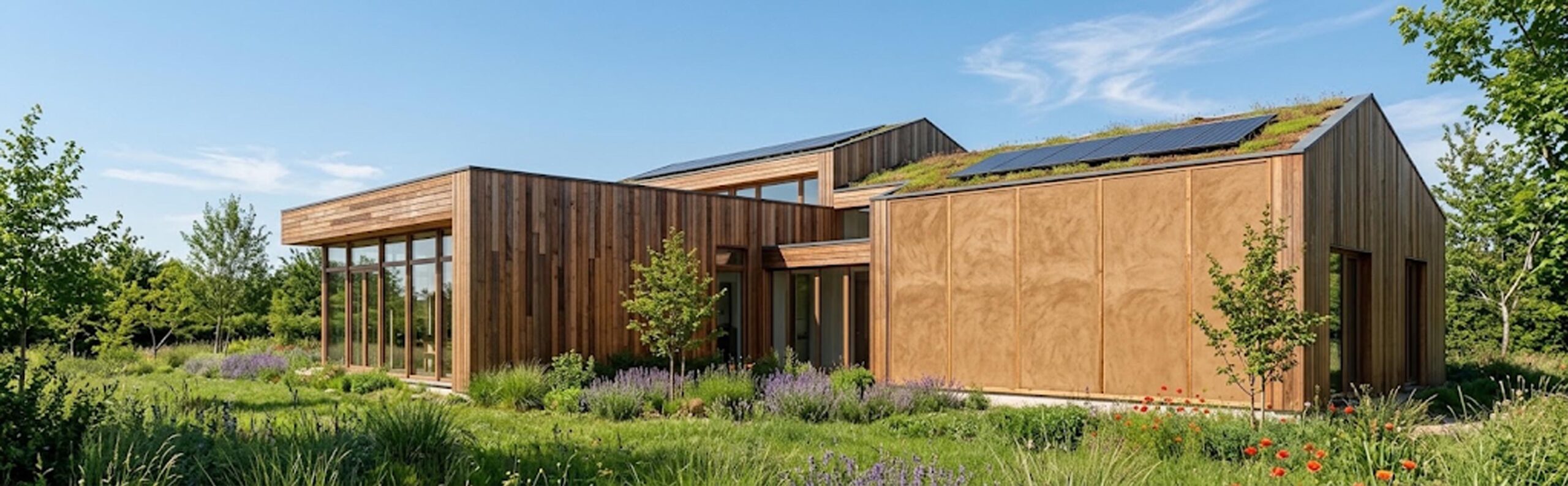 Maison écologique moderne combinant bois, paille et terre crue pour une isolation et une performance thermique optimales