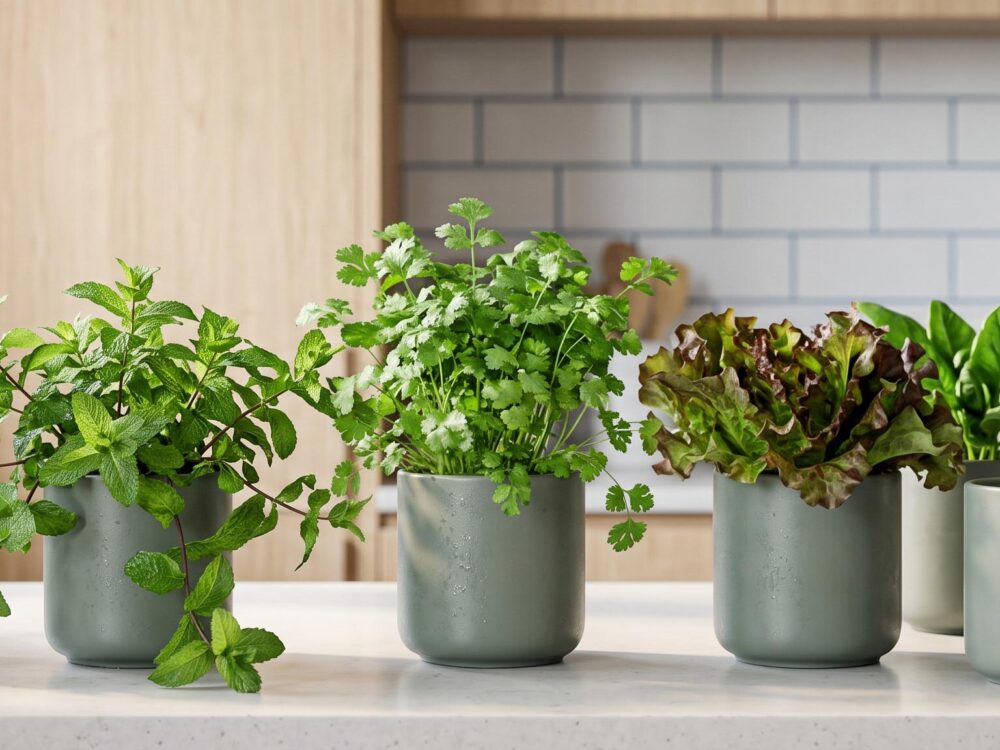 Mini potager intérieur luxuriant sur un comptoir de cuisine moderne