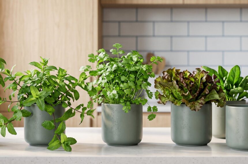 Mini potager intérieur luxuriant sur un comptoir de cuisine moderne