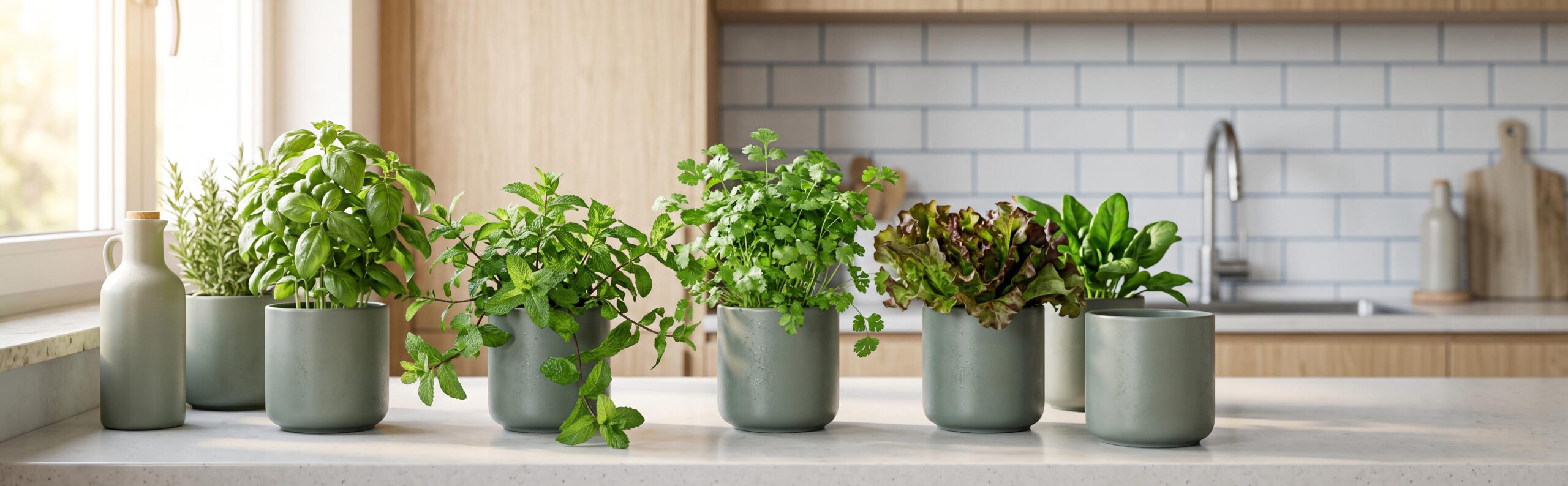 Mini potager intérieur luxuriant sur un comptoir de cuisine moderne