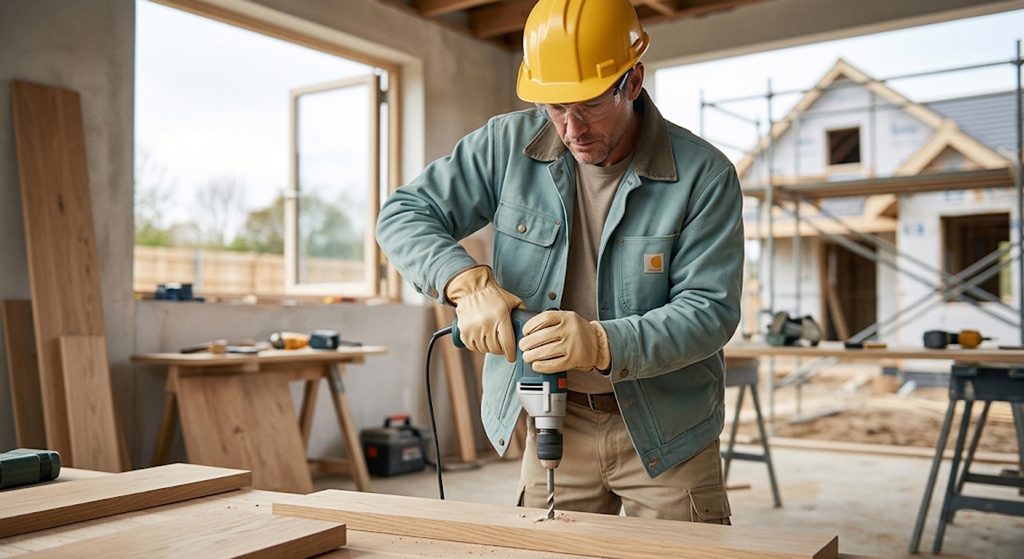 Ouvrier portant un équipement de protection individuelle complet (casque, gants, lunettes) sur un chantier.