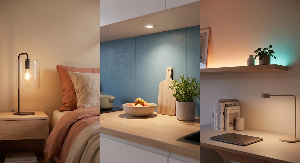 Comparaison visuelle des formats Philips Hue E27, GU10 et Lightstrip pour chaque pièce de la maison