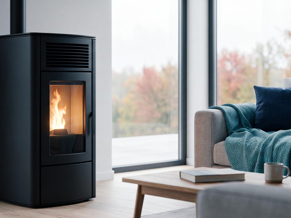 Poêle à granulés moderne diffusant une chaleur douce dans un salon cosy en automne, économie d'énergie