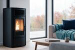 Poêle à granulés moderne diffusant une chaleur douce dans un salon cosy en automne, économie d'énergie