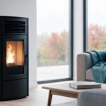 Poêle à granulés moderne diffusant une chaleur douce dans un salon cosy en automne, économie d'énergie