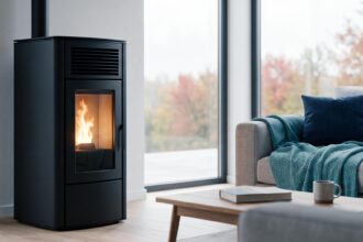 Poêle à granulés moderne diffusant une chaleur douce dans un salon cosy en automne, économie d'énergie