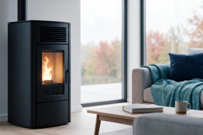 Poêle à granulés moderne diffusant une chaleur douce dans un salon cosy en automne, économie d'énergie