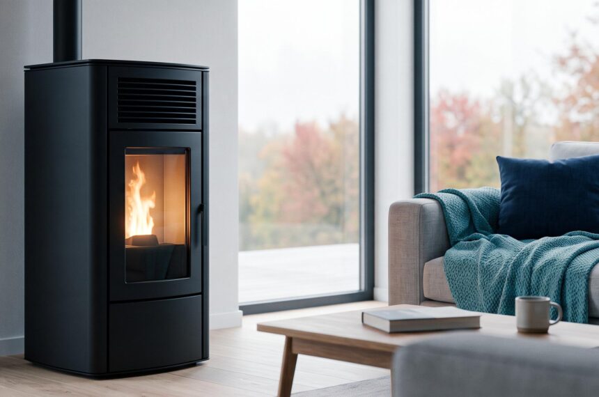 Poêle à granulés moderne diffusant une chaleur douce dans un salon cosy en automne, économie d'énergie