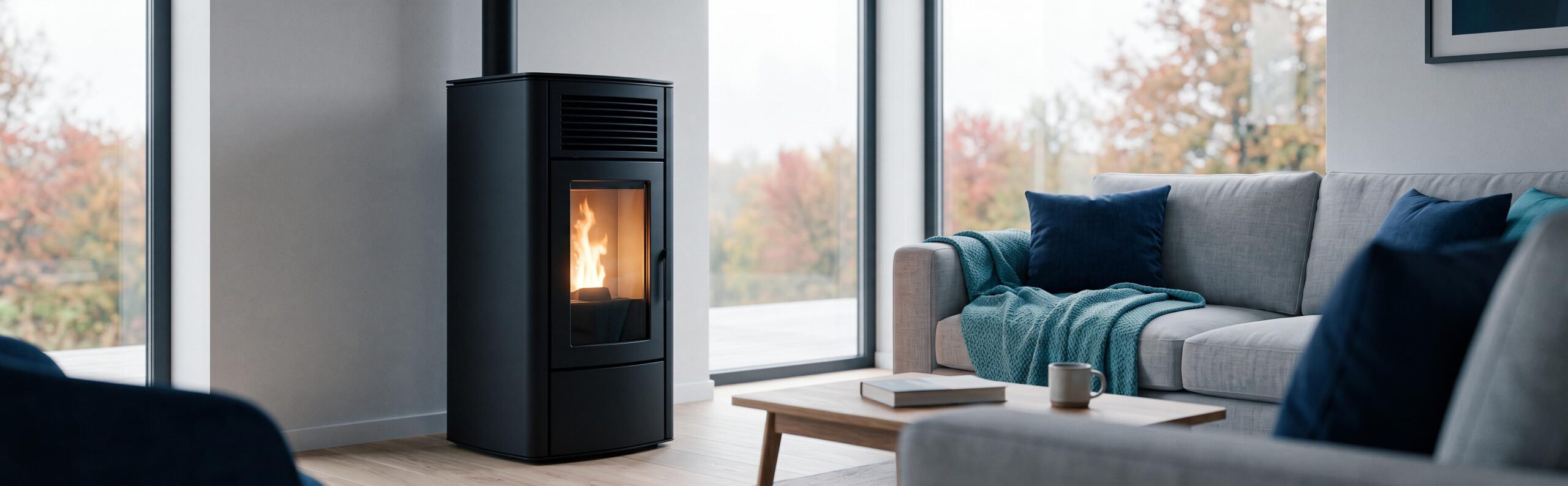 Poêle à granulés moderne diffusant une chaleur douce dans un salon cosy en automne, économie d'énergie
