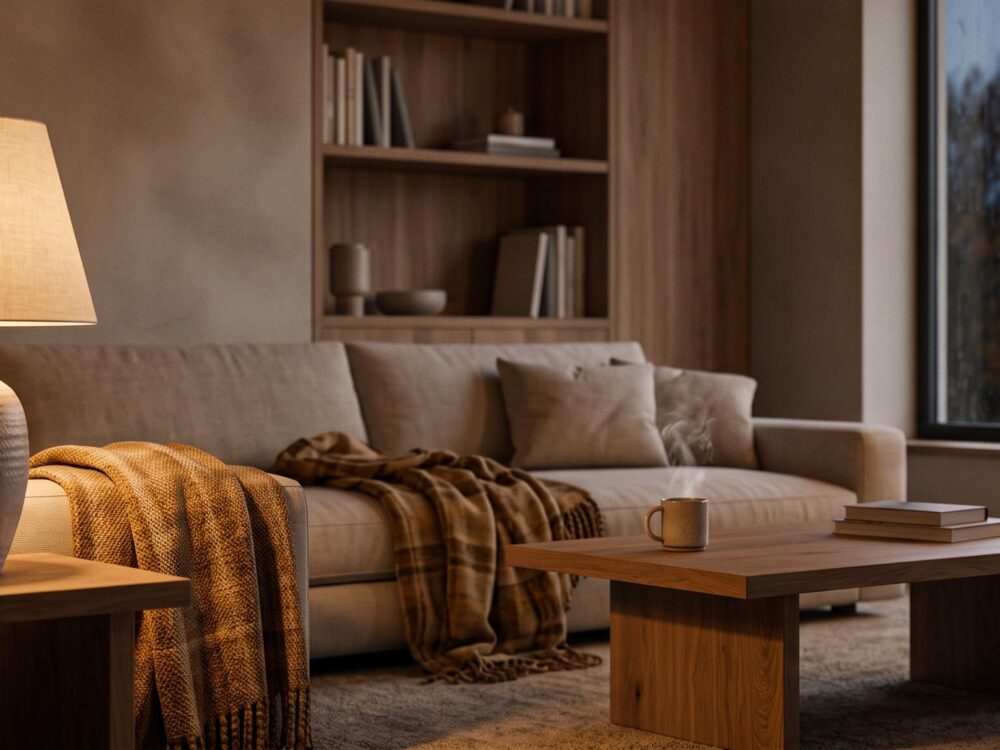 Salon chaleureux avec éclairage intérieur cosy d'automne et lampes d'appoint tamisées