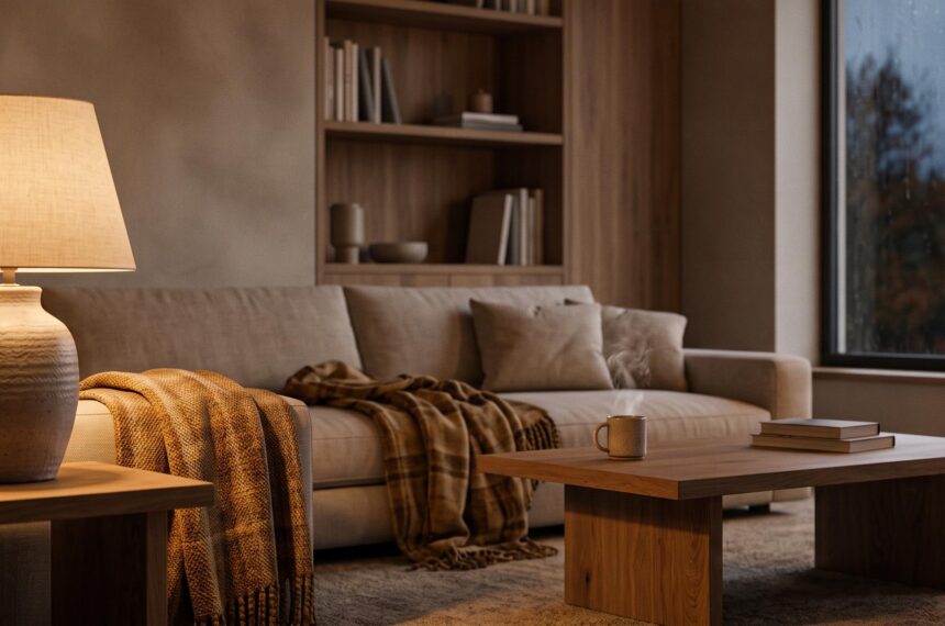 Salon chaleureux avec éclairage intérieur cosy d'automne et lampes d'appoint tamisées