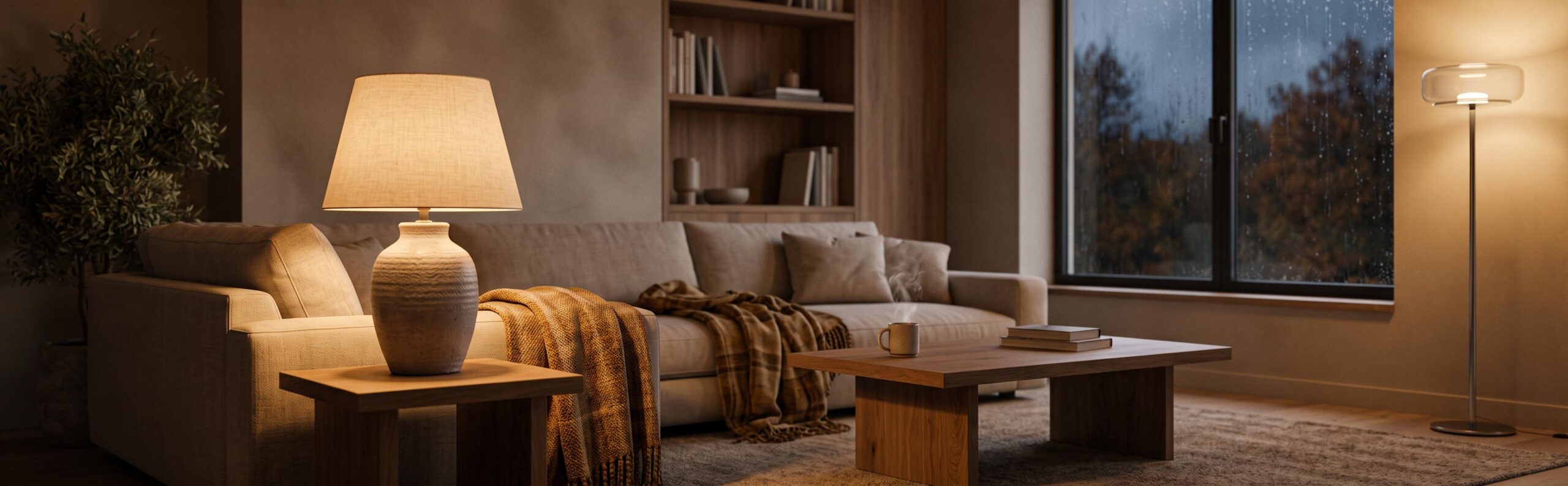 Salon chaleureux avec éclairage intérieur cosy d'automne et lampes d'appoint tamisées