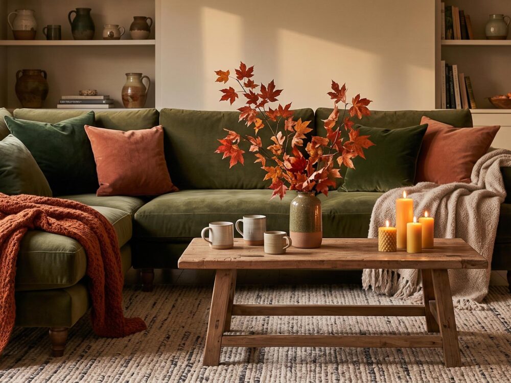 Salon confortable pour l'automne : idées d'aménagement avec canapé moelleux, plaids doux et éclairage tamisé.