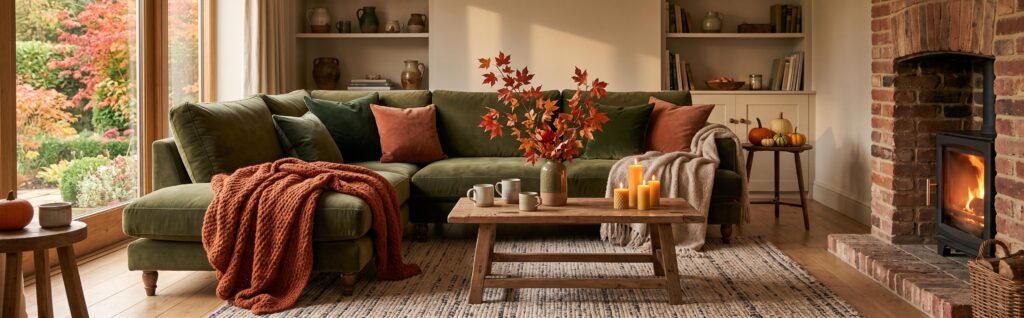 Salon confortable pour l'automne : idées d'aménagement avec canapé moelleux, plaids doux et éclairage tamisé.