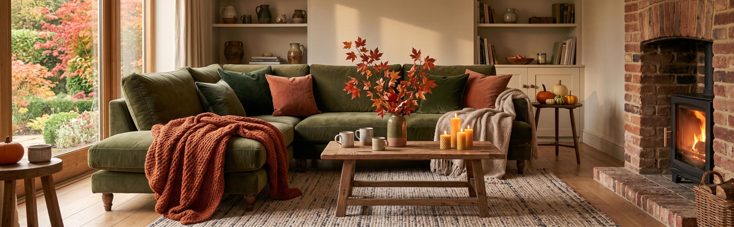 Salon confortable pour l'automne : idées d'aménagement avec canapé moelleux, plaids doux et éclairage tamisé.