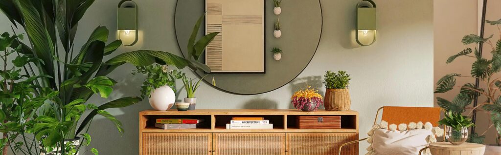 Salon lumineux avec un mur couleur terracotta et des accessoires de décoration chaleureux