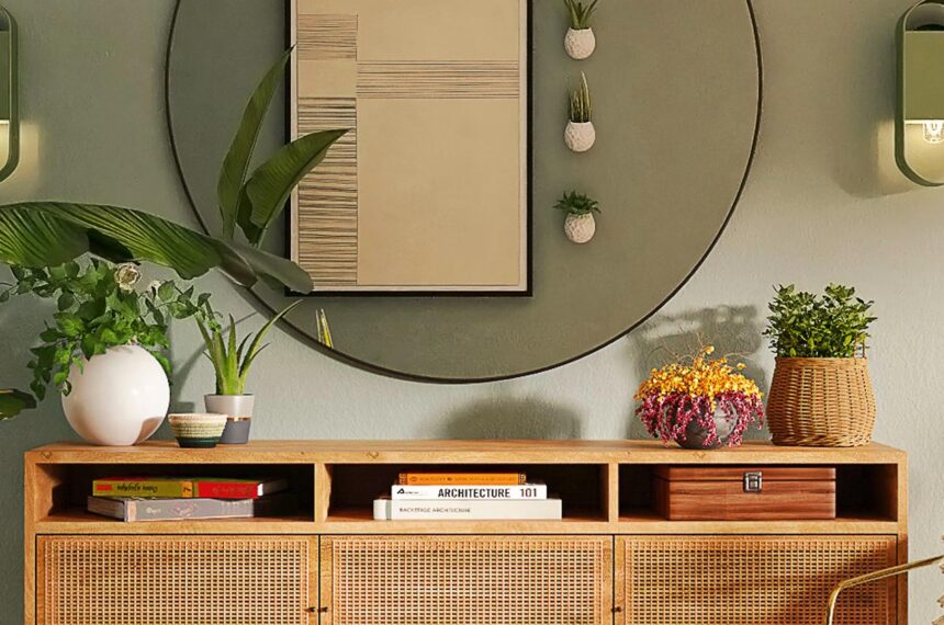 Salon lumineux avec un mur couleur terracotta et des accessoires de décoration chaleureux