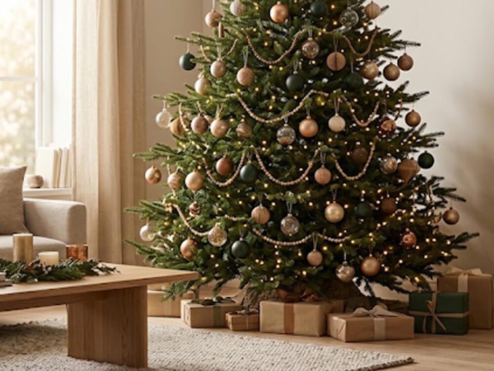 Grand sapin de Noël naturel majestueux au centre d'un salon décoré avec style, choix idéal pour les fêtes de fin d'année.