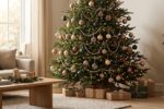Grand sapin de Noël naturel majestueux au centre d'un salon décoré avec style, choix idéal pour les fêtes de fin d'année.