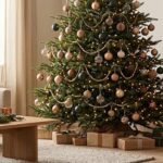 Grand sapin de Noël naturel majestueux au centre d'un salon décoré avec style, choix idéal pour les fêtes de fin d'année.