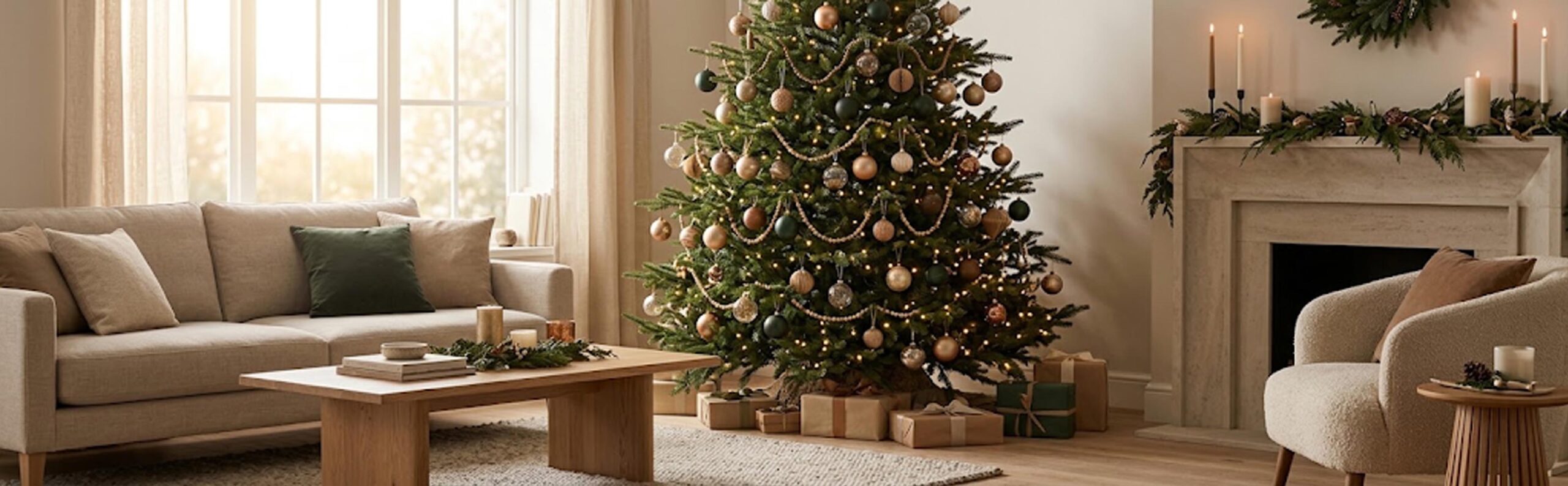 Grand sapin de Noël naturel majestueux au centre d'un salon décoré avec style, choix idéal pour les fêtes de fin d'année.