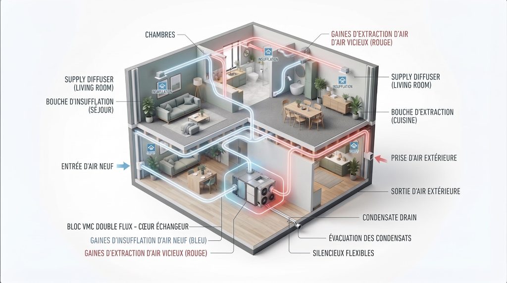Schéma explicatif du fonctionnement d'une VMC double flux avec récupération de chaleur