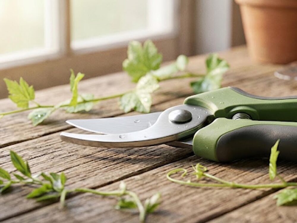 Sécateur professionnel posé sur un établi en bois entouré de plantes vertes pour un choix avisé de sécateur