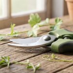Sécateur professionnel posé sur un établi en bois entouré de plantes vertes pour un choix avisé de sécateur