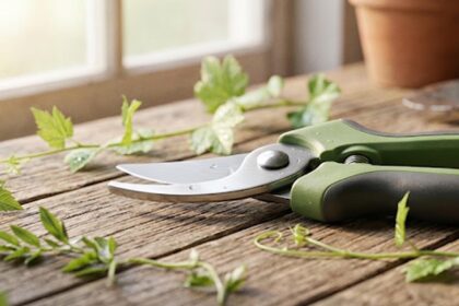Sécateur professionnel posé sur un établi en bois entouré de plantes vertes pour un choix avisé de sécateur