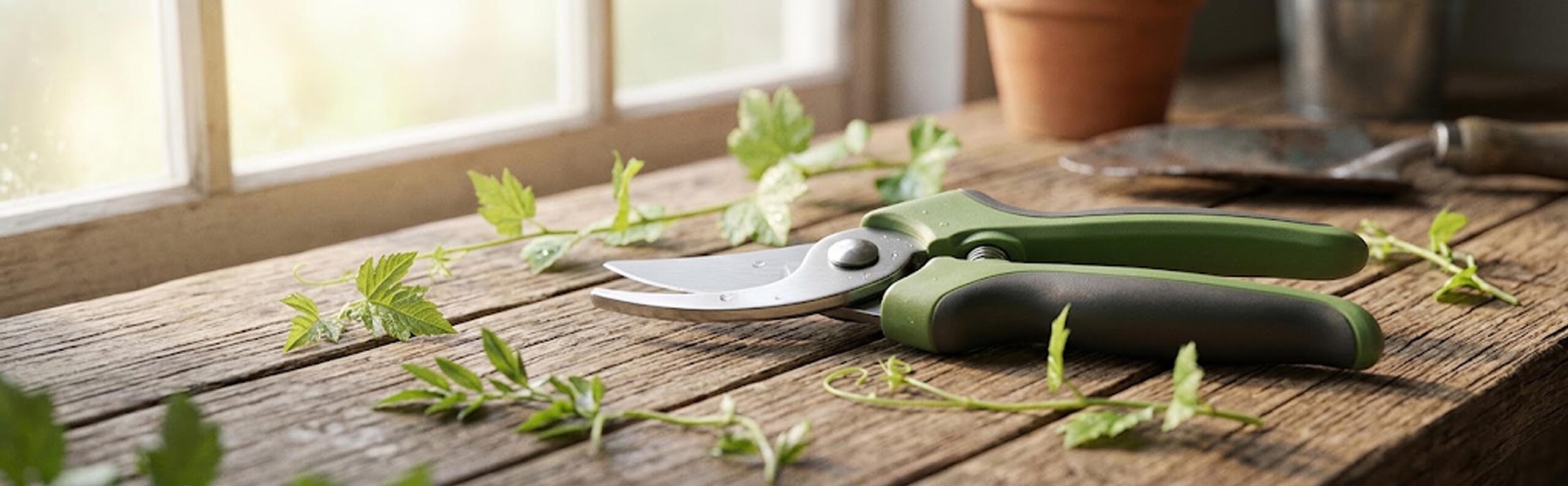Sécateur professionnel posé sur un établi en bois entouré de plantes vertes pour un choix avisé de sécateur