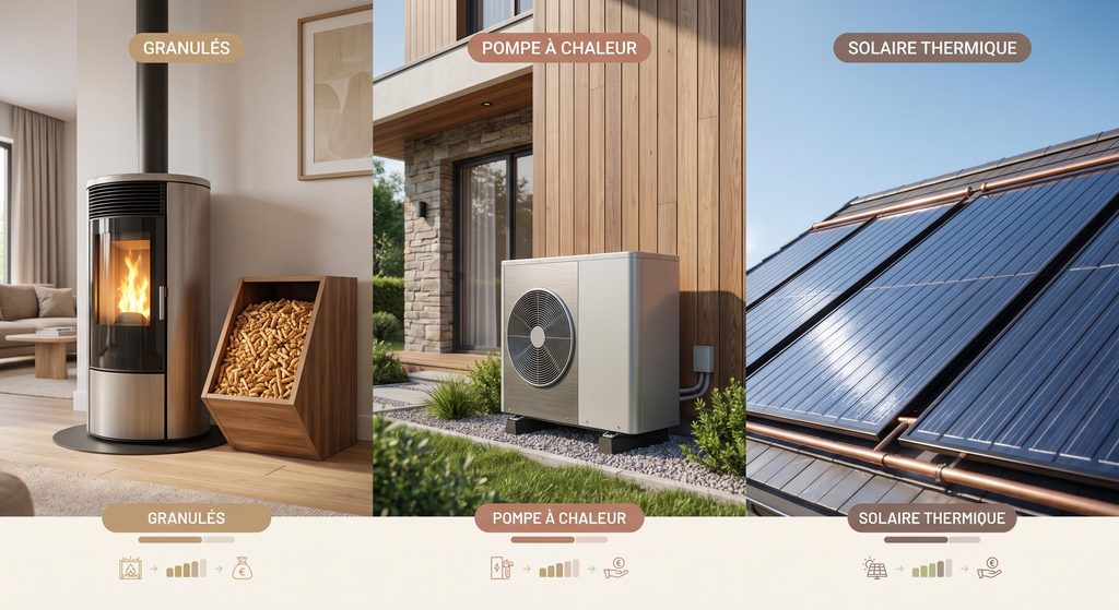 Tableau comparatif visuel des coûts des systèmes de chauffage : granulés, pompe à chaleur et solaire thermique en 2026.