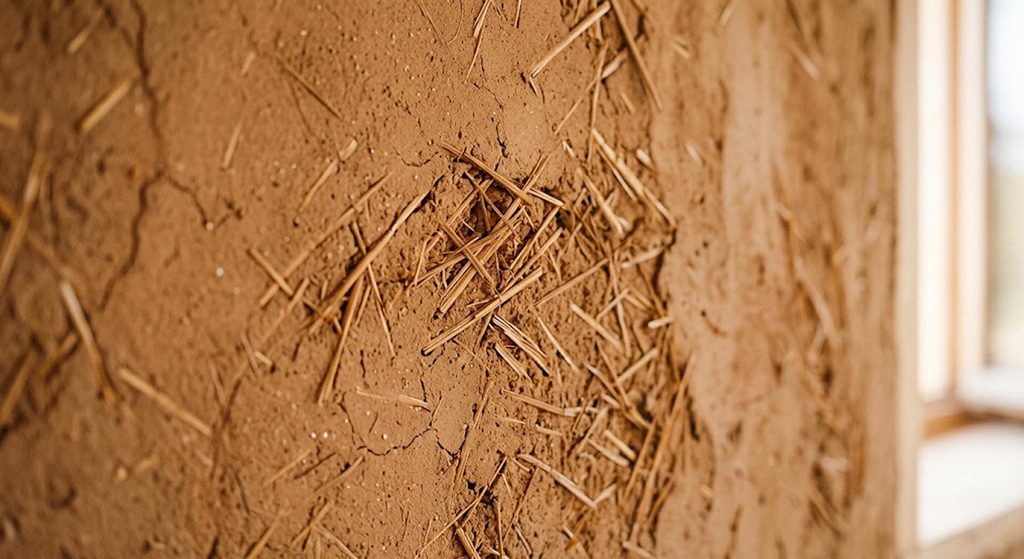 Texture brute et chaleureuse d'un mur intérieur en terre crue avec détails de paille, illustrant l'inertie thermique et le caractère naturel du matériau