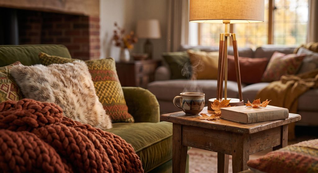 Créer une ambiance cocooning dans son salon : détails de coussins, plaids et lumière douce pour le confort.