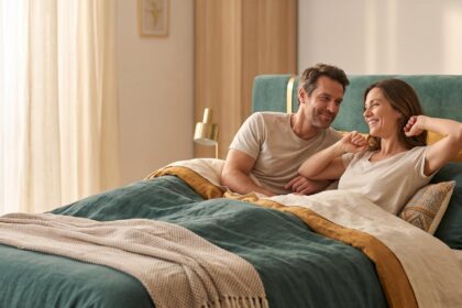 Couple souriant se réveillant sur un grand matelas confortable, lumière du matin douce