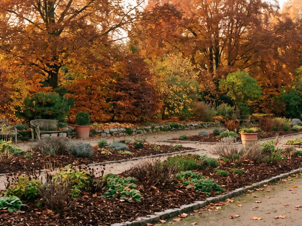 Un jardin préparé pour l'automne avec des feuilles orangées, prêt pour l'hiver.