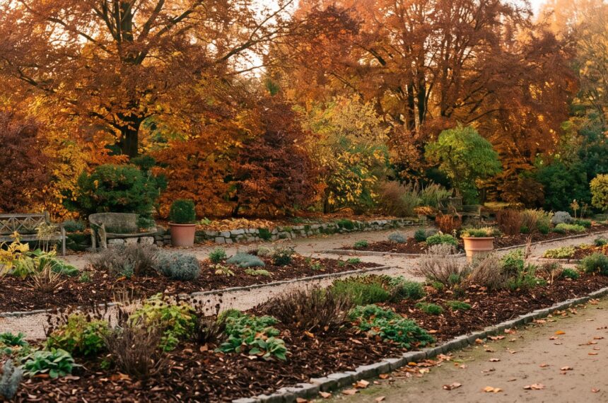 Un jardin préparé pour l'automne avec des feuilles orangées, prêt pour l'hiver.