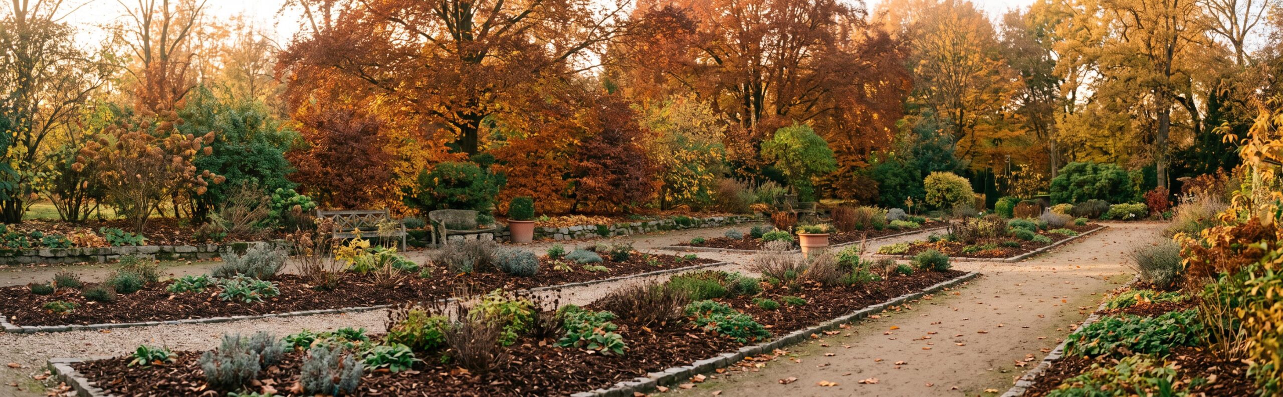 Un jardin préparé pour l'automne avec des feuilles orangées, prêt pour l'hiver.