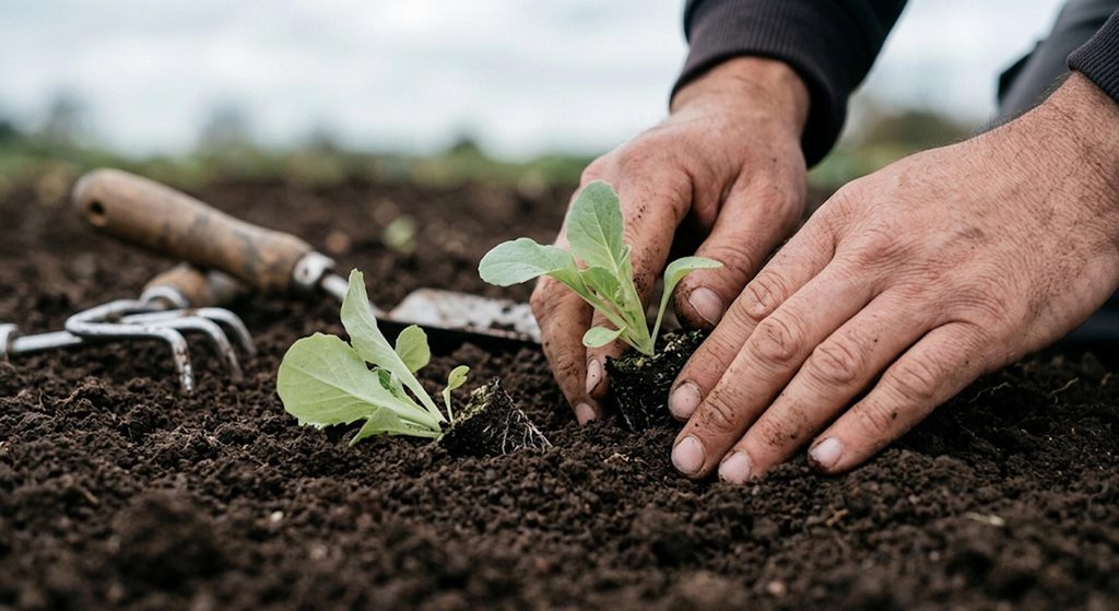 Mains d'un jardinier plantant des jeunes pousses de laitue dans un sol ameubli en automne, symbolisant la préparation pour des récoltes tardives.
