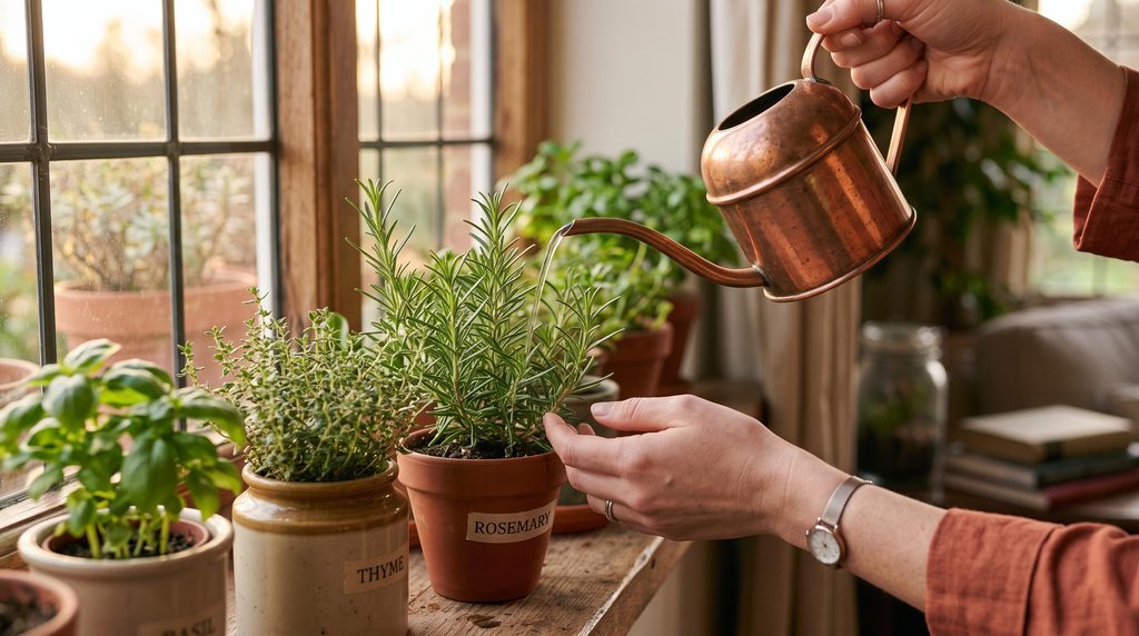 Entretien délicat d'un mini potager d'intérieur, arrosage des herbes.