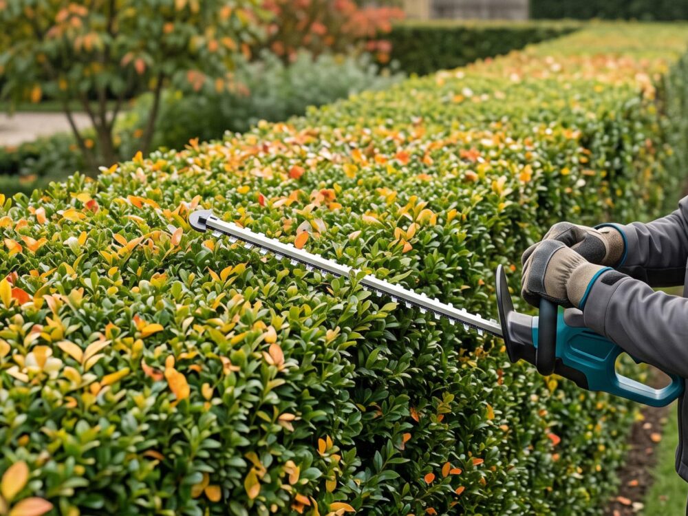 paysagiste taillant une haie de jardin soignée avec des outils professionnels