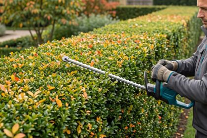 paysagiste taillant une haie de jardin soignée avec des outils professionnels