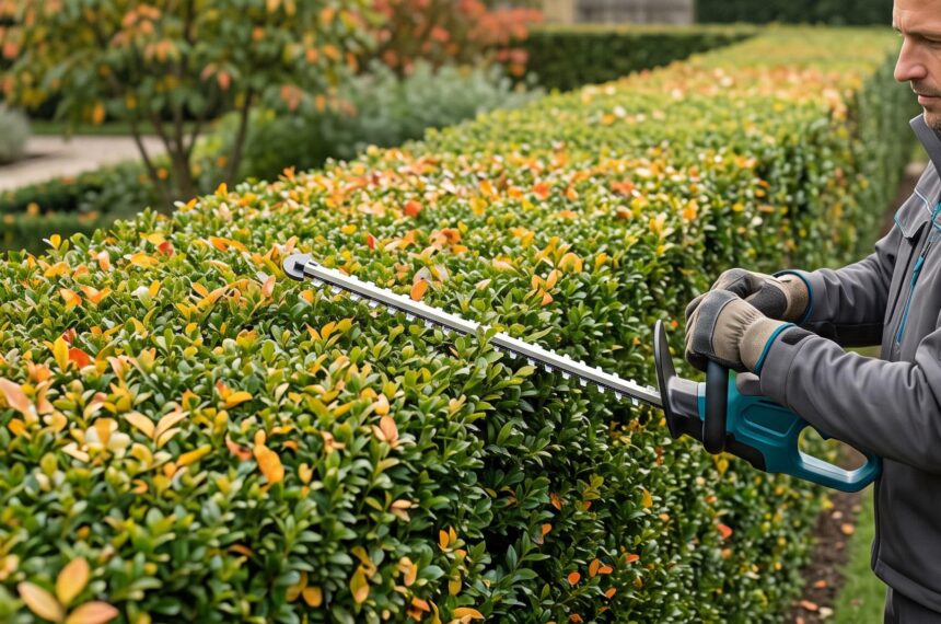 paysagiste taillant une haie de jardin soignée avec des outils professionnels