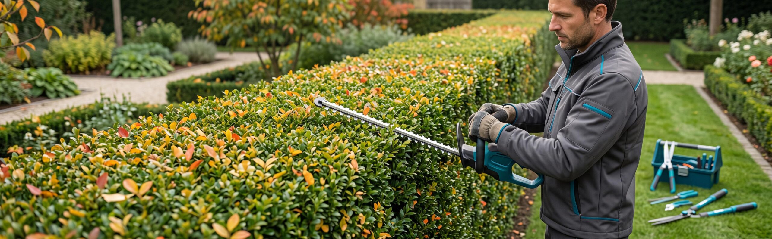 paysagiste taillant une haie de jardin soignée avec des outils professionnels